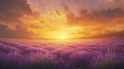 Obraz premium A wide field of blooming lavender stretching toward the horizon, bathed in golden sunset light, with vibrant rows glowing in warm hues