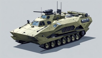 Olive armored vehicle with machine gun. Military transport tank is on white background. Tracked war machine side view.