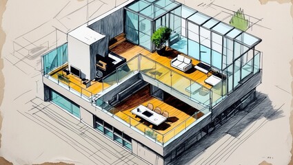 Building design sketch with blue windows, white sofa and table with chairs. Top view of house structure and wooden floor with glass panels. Ink drawing