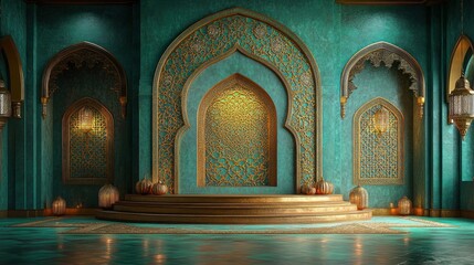 Teal and gold ornate Islamic-style interior with arched alcoves, lanterns, and a raised platform.
