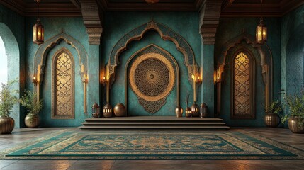 Luxurious teal and gold Islamic interior design with arched windows, ornate wall decor, and a raised platform with a carpet.