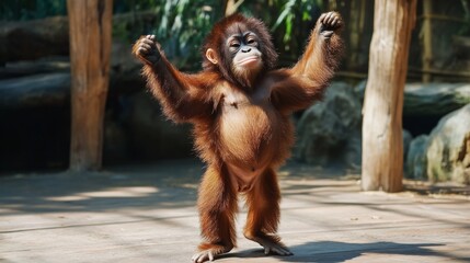 Naklejka premium Orangutan Baby Playful Zoo Enclosure