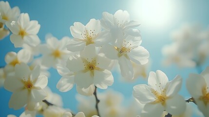 Fototapeta premium Delicate white cherry blossoms bloom against azure sky, with sunlit petals glowing softly, elegant branches, and crisp details, capturing serene springtime essence in Japanese botanical style.