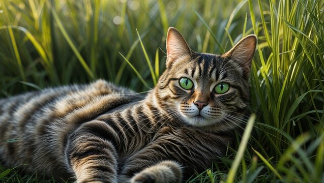 Tabby Cat in Green Grass Field