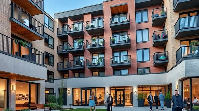 Luxury Apartment Building with Courtyard and Residents