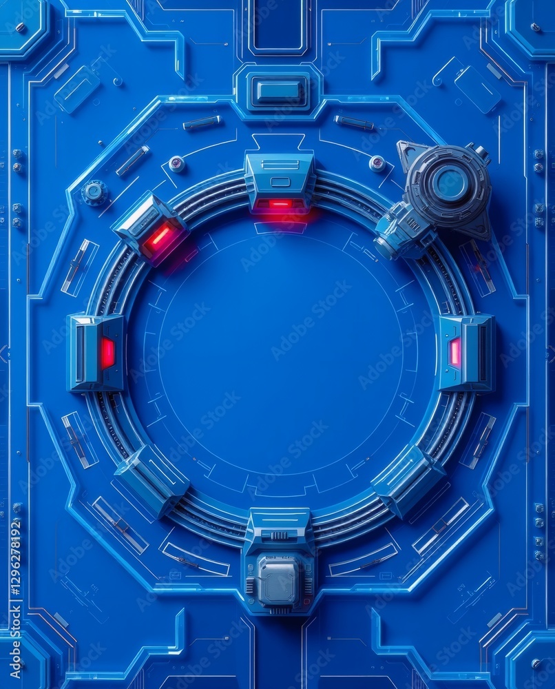 Poster a close-up shot of a futuristic digital control panel with red glowing lights and complex circuitry