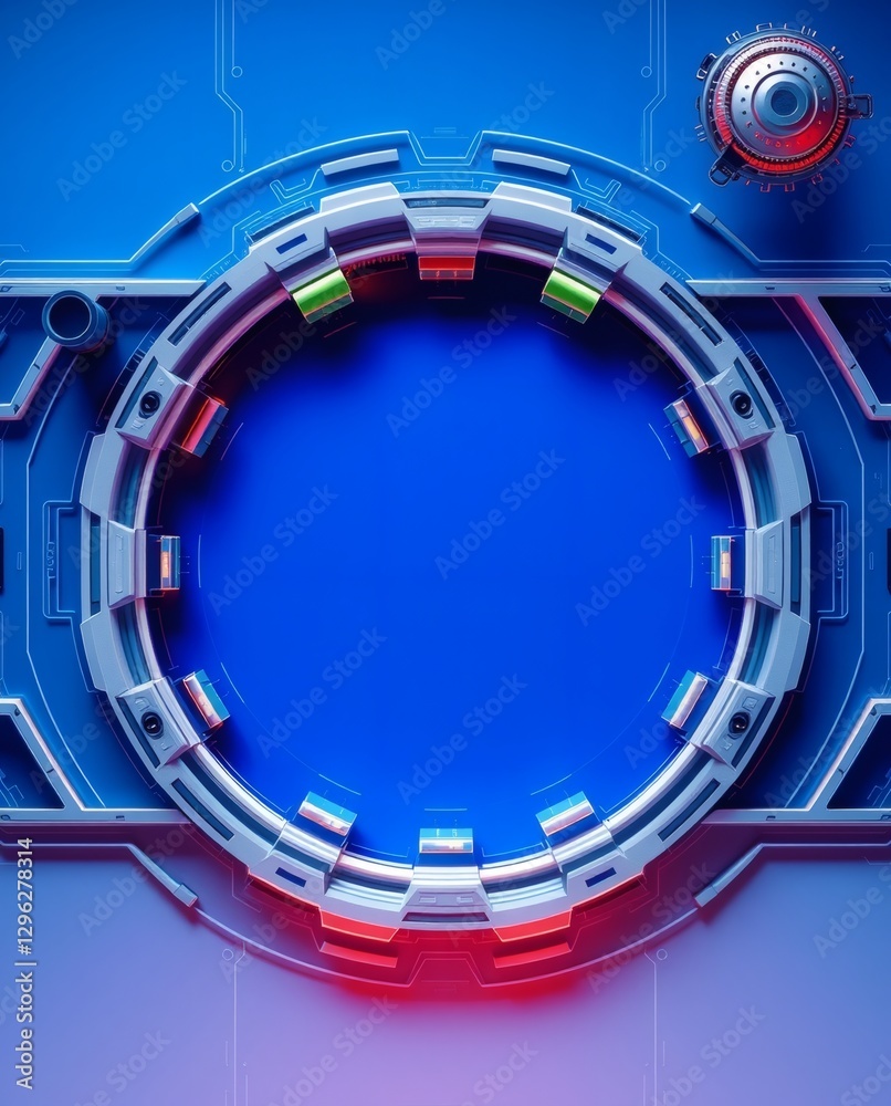 Poster a futuristic machine design. a circular portal with intricate details and glowing lights, with blue 