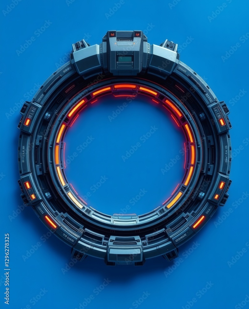 Poster a futuristic circular technological device with a glowing orange interior set against a solid blue b