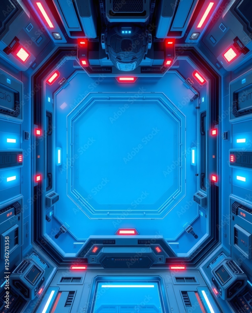 Poster a futuristic spaceship interior, featuring glowing lights and high-tech design. the walls and ceilin