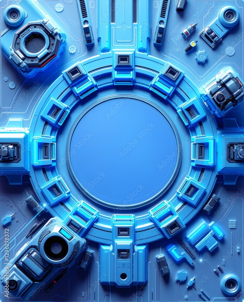 Poster futuristic blue technology device with circular portal design, showcasing digital innovation and adv