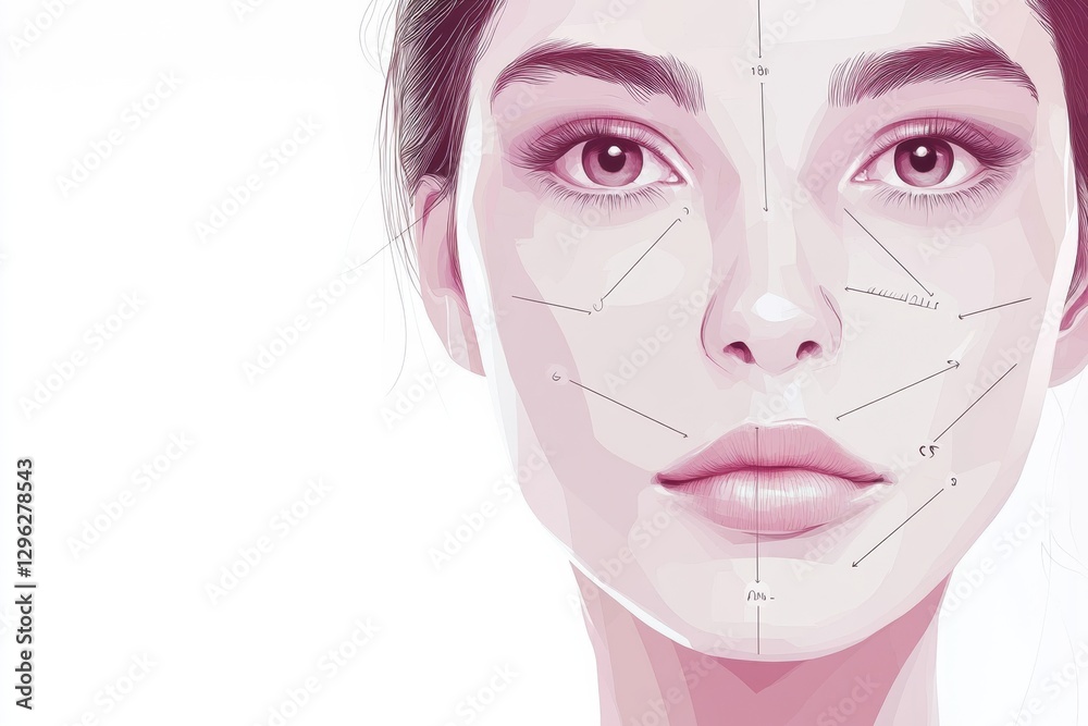 Poster precise botox injection points illustrated on a female face highlighting detailed anatomy for cosmet