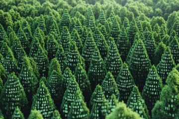 Fototapeta premium A photo showcasing a dense forest filled with numerous green trees creating a vibrant and lush environment Binary digits forming the shape of a forest .