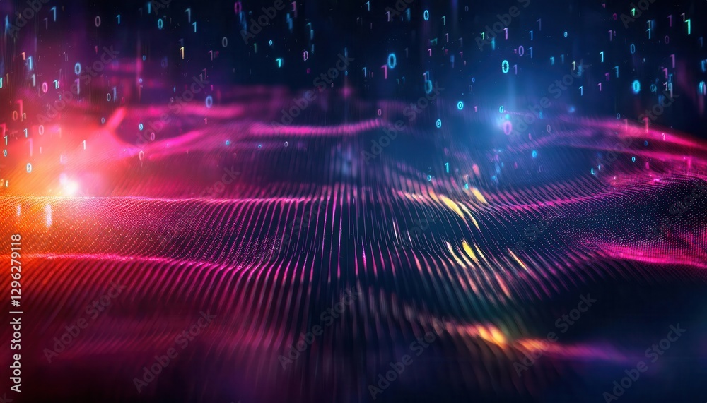 Poster vibrant digital wave with glowing particles and neon light streaks in deep space, futuristic technol