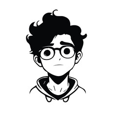 Black and white cartoon illustration of a boy with glasses in a hoodie messy hair and worried expression