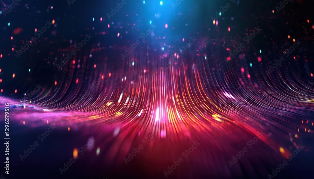 Poster vibrant digital wave with glowing particles and neon light streaks in deep space, futuristic technol