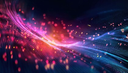 Obraz premium vibrant digital wave with glowing particles and neon light streaks in deep space, futuristic technology background