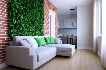 Fototapeta premium A small living room with a brick wall, a vertical garden on the left side with hanging planters from the ceiling, a neutral color palette, a wood floor, modern furniture, and a kitchen island