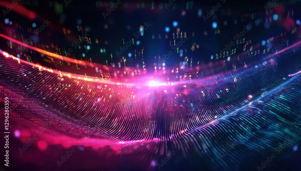 Poster vibrant digital wave with glowing particles and neon light streaks in deep space, futuristic technol