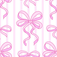 Coquette seamless pattern Pink Ribbon Bow. Pretty Girly bows on white background with pink ribbons. Trendy feminine romantic template for greeting cards, textile, fabric, wallpaper, wrapping. Vector I