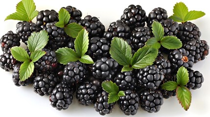 Blackberries artistically arranged in a heart shape with small green leaves complementing the design on a white background