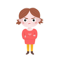 Fototapeta premium Cute little kid girl stand and show angry pose expression. Illustration of angry, irate, wroth child. Flat graphic illustration isolated on white background