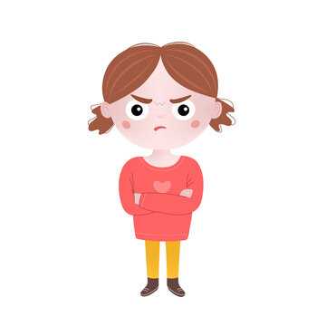 Cute little kid girl stand and show angry pose expression. Illustration of angry, irate, wroth child. Flat graphic illustration isolated on white background