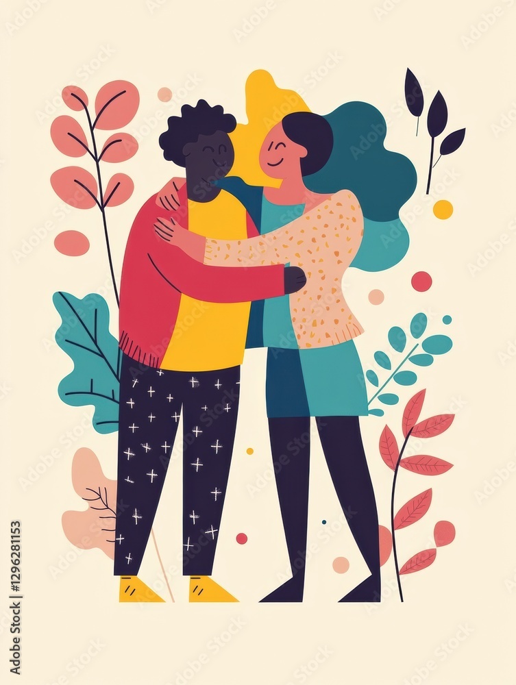 Poster Joyful embrace between two diverse friends in a colorful, artistic setting featuring plants and abstract shapes. Generative AI
