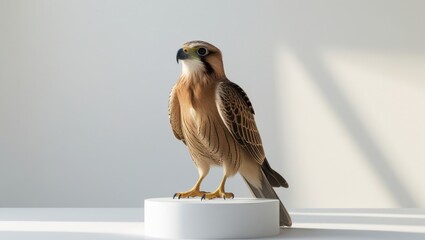 Majestic Brown Kestrel with Distinctive Plumage Perched Statically on a White Platform Against a Softly Lit Background