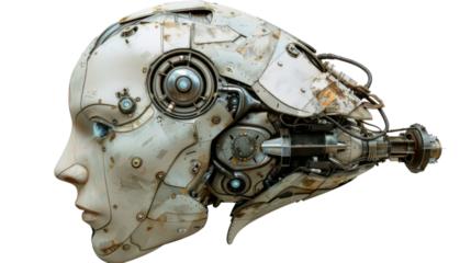 Futuristic robot head showing complex internal mechanisms on transparent background