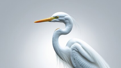 Majestic White Egret with Slender Neck and Golden Beak Against a Soft Gray Background in an Outdoor Wildlife Portrait with Detailed Feathers