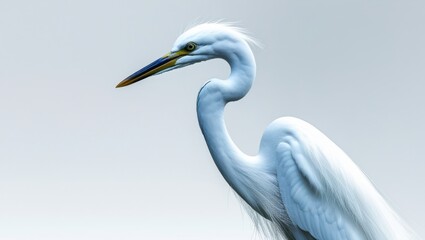 Majestic White Egret Profile with Slender Neck Detailed Feathers and Graceful Posture Against Soft Background in Natural Lighting