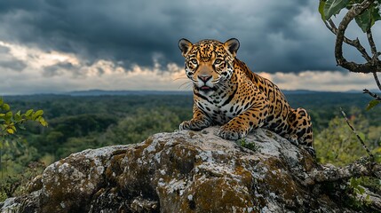 Majestic jaguar roars on ancient stone outcrop in South American rainforest, showcasing spotted golden coat, fierce fangs, and muscular body against dramatic cloudy sky with blurred twisted branches