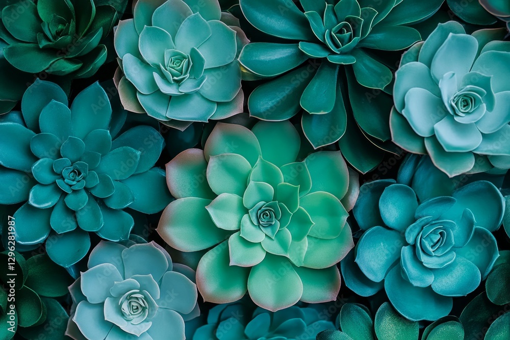Poster a top view of succulents in shades of teal and emerald, with dark green leaves in the background. th