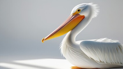 Obraz premium Majestic White Pelican with Yellow Beak Feathers on a Bright Sunny Day Bird Standing with Sunlight and Clean White Background