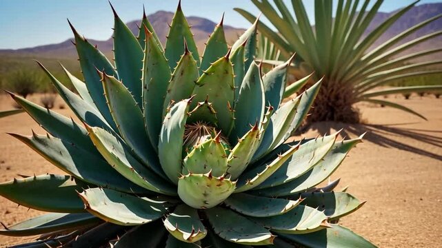 Desert agave plant, arid landscape, mountains background, botanical study