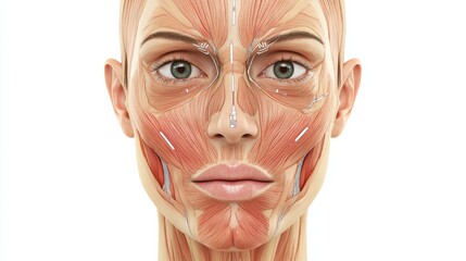 Detailed medical illustration of female facial anatomy with Botox injection points clearly marked for educational purposes. Generative AI