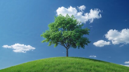 Obraz premium tree standing atop a grassy hill, with a clear sky and scattered clouds. ,background