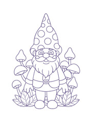 Whimsical Garden Gnome Surrounded by Mushrooms – Adult Coloring Page on White Background