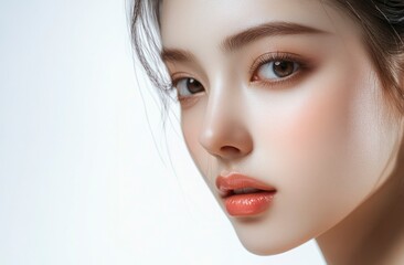 Fototapeta premium Close-up of a beautiful Asian woman with clean, healthy skin on a white background. This beauty portrait showcases her perfect face and neck, embodying a minimalist aesthetic. 