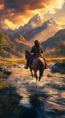 A cowboy riding on horseback across the river in front of mountains
