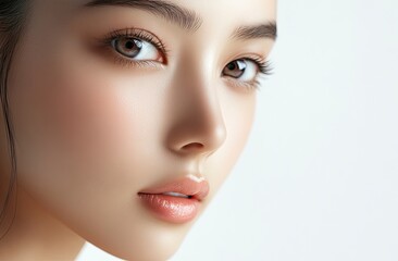 Fototapeta premium Close-up of a beautiful Asian woman with clean, healthy skin on a white background. This beauty portrait showcases her perfect face and neck, embodying a minimalist aesthetic. 