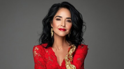 Naklejka premium A woman in a red dress with gold earrings and red lipstick