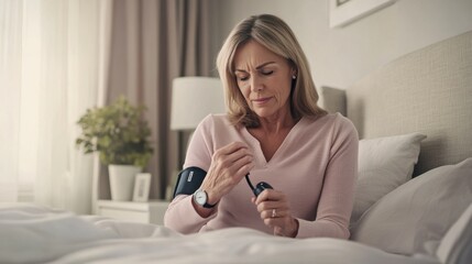 A middle-aged woman checking blood pressure in a neutral-toned, relaxing bedroom. Featuring health and calm