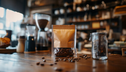 A stylishly composed image of a kraft paper coffee bag sitting on a wooden table in a cozy caf&eacute;.