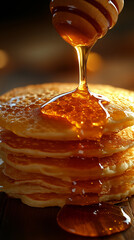 A close-up of honey pouring over pancakes against a blurry background