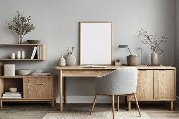 Minimalist workspace with a poster frame mockup and natural decor elements waiting for inspiration
