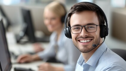 Smiling Customer Service Representative Wearing Headset in Office