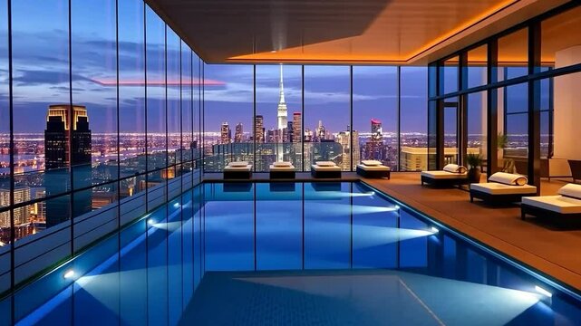 Luxury Rooftop Infinity Pool with Stunning NYC Skyline Views at Night