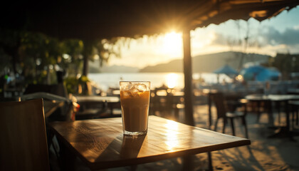 A beautifully captured image of an iced coffee sitting on a wooden table at a beachside caf&eacute; during sunset.