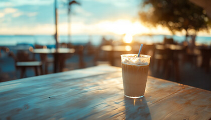 A beautifully captured image of an iced coffee sitting on a wooden table at a beachside caf&eacute; during sunset.
